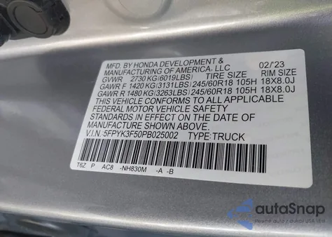 2023 Honda Ridgeline Rtl из США, поврежденный, VIN 5FPYK3F50PB025002